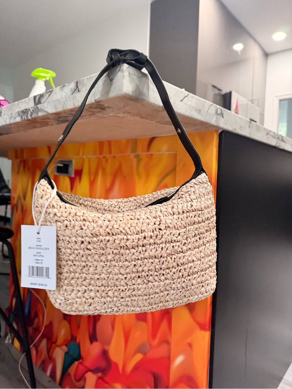 Walter Baker Natural Woven Shoulder Bag with Black leather Strap